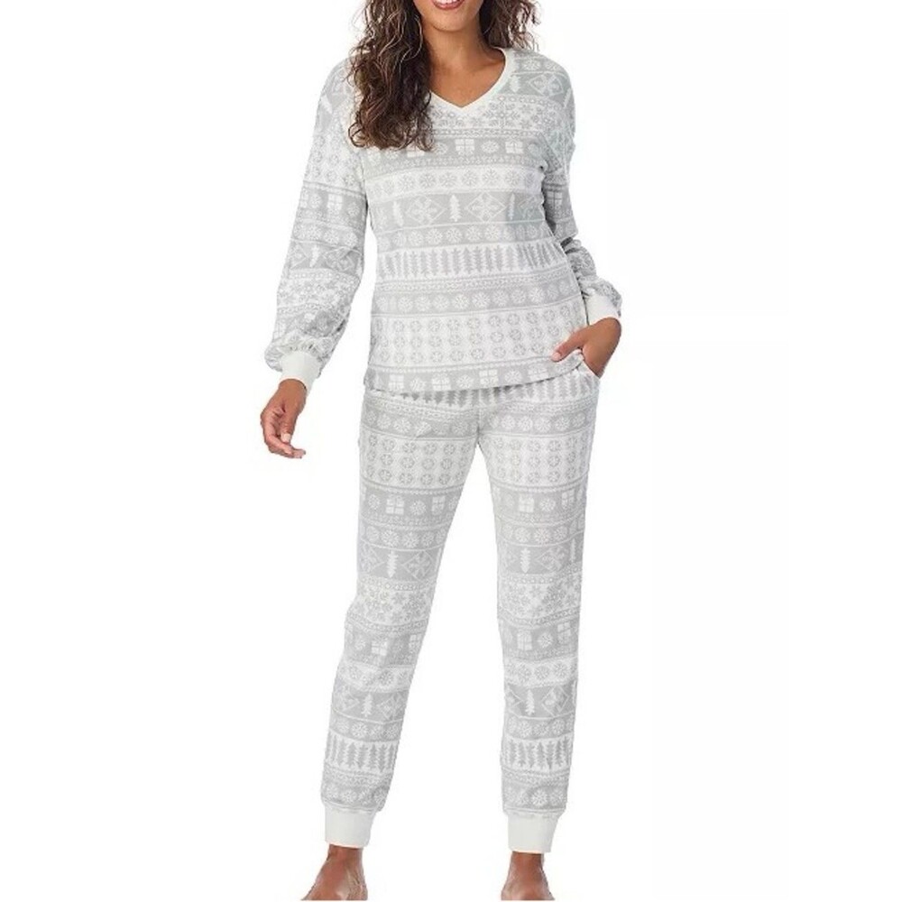 Cuddl Duds Velour Fleece V Neck Pajama Set NEW Grey Gifts Fairisle XXL